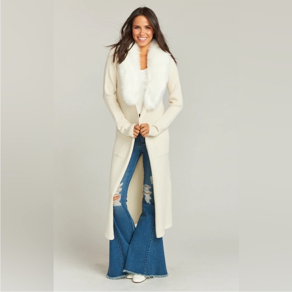 Show Me Your MuMu Cream Long Cardigan with Faux Fur Collar